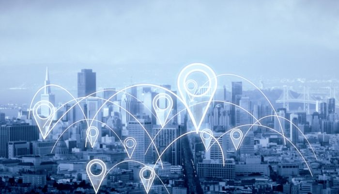 City with abstract connected location pins. Dull sky background. Navigation concept. 3D Rendering